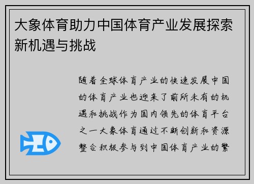 大象体育助力中国体育产业发展探索新机遇与挑战
